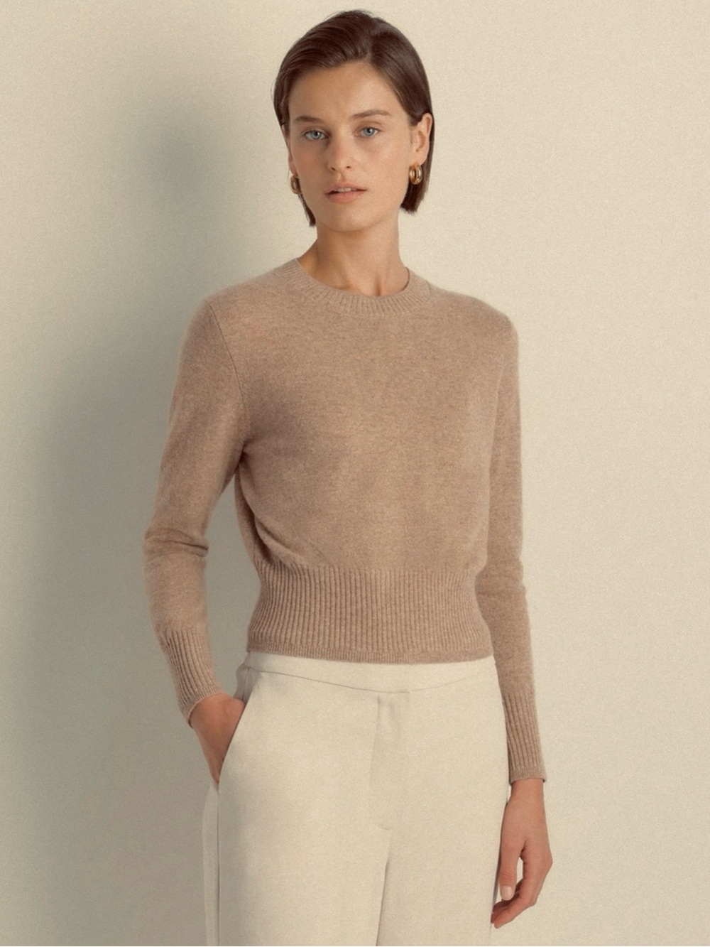 Babaton Ribbed-Hem Cropped Crewneck Bare Cashmere Sweater in Heather Taupe